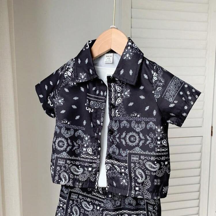 Bohemian Style Baby Boy Classic Black & White Paisley Print Shirt & Shorts Set