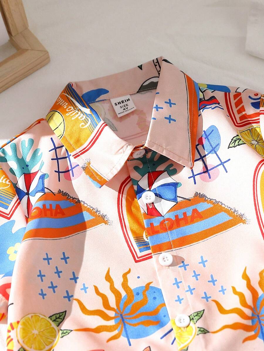 Boys' Cartoon Print Shirt & Shorts Set - Stylish & Fun Gentleman Outfit