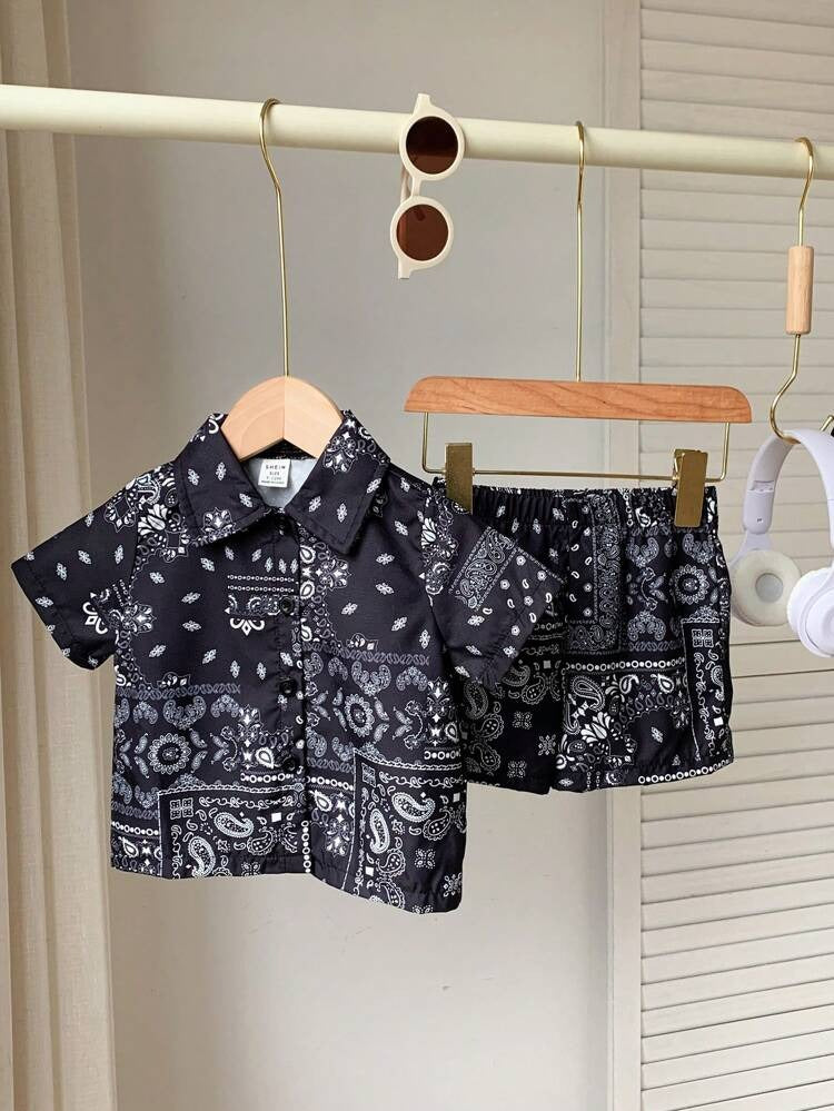 Bohemian Style Baby Boy Classic Black & White Paisley Print Shirt & Shorts Set