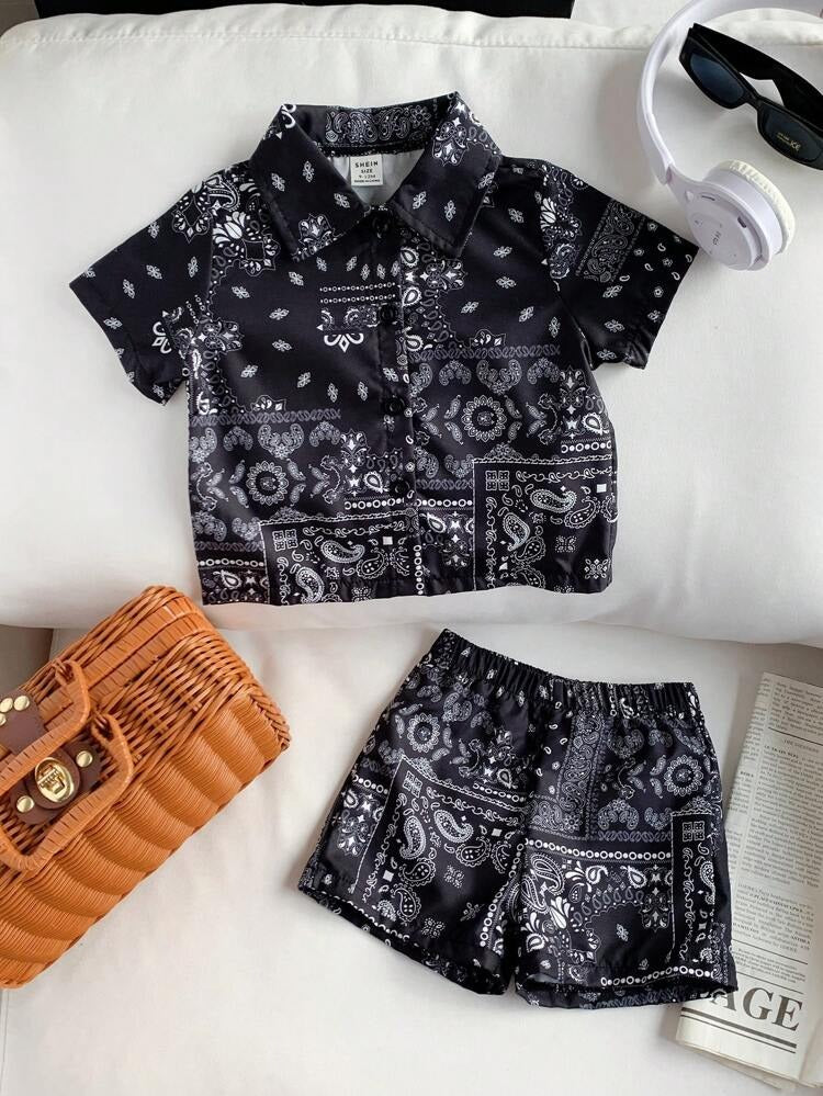 Bohemian Style Baby Boy Classic Black & White Paisley Print Shirt & Shorts Set