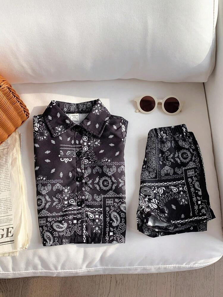 Bohemian Style Baby Boy Classic Black & White Paisley Print Shirt & Shorts Set