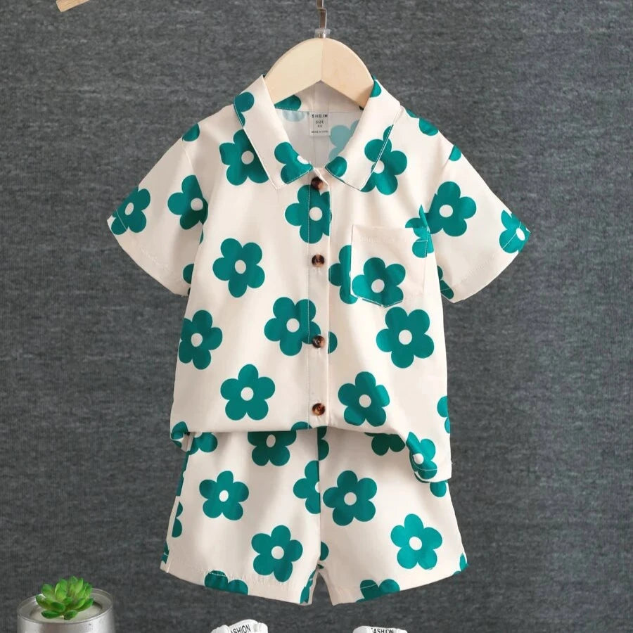 Boys' Floral Print Button-Down Shirt & Shorts Set - Casual & Stylish Outfit